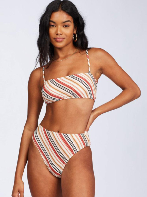 Ribbed High Waist Rainbow Striped Bandeau Brazilian Two Piece Bikini Swimsuit