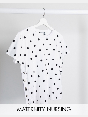 Asos Design Maternity Nursing T-shirt With Button Side In Polka Dot