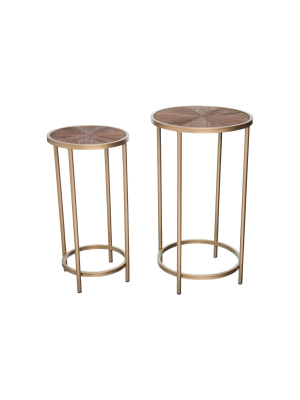 Set Of 2 Wood And Brass Metal Nesting Side End Tables - Foreside Home And Garden