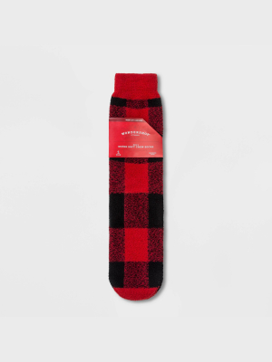 Men's Holiday Buffalo Check Plaid Cozy Crew Socks With Gift Card Holder - Wondershop™ Red 7-12