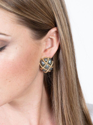 Gold Trim Dark Grey Pearl Quilted Clip Earrings