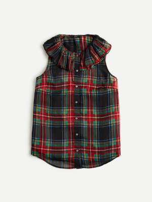 Sleeveless Ruffle-collar Top In Black Stewart Tartan