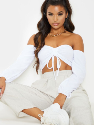 White Ruched Detail Bardot Long Sleeve Crop Top