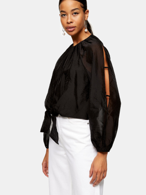 Black Tie Front Sleeve Blouse