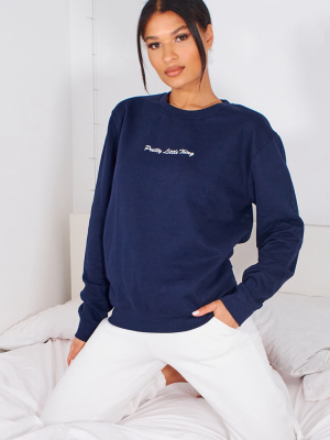 Prettylittlething Navy Embroidered Sweatshirt