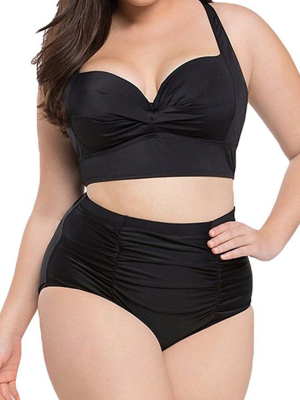 Plus Size Ruched Front Push Up High Waisted Bikini Swimsuit - Two Piece Set