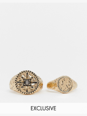 Reclaimed Vintage Inspired Signet Ring 2-pack In Gold