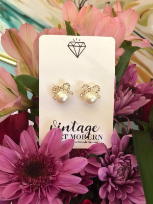 Audrey Pearl And Crystal Rhinestone Bow Earrings