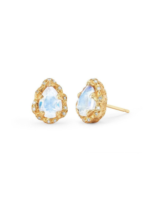 Micro Queen Water Drop Moonstone Studs With Sprinkled Diamonds