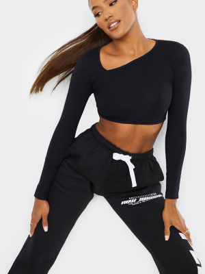 Black Jersey Slashed Neck Long Sleeve Crop Top