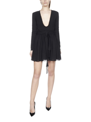 Saint Laurent Plunging Neckline Long Sleeve Mini Dress