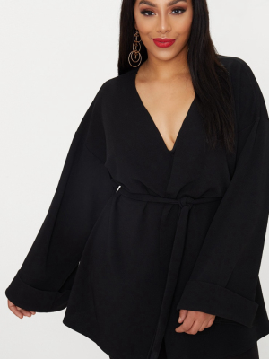 Plus Black Belted Oversized Sleeve Blazer