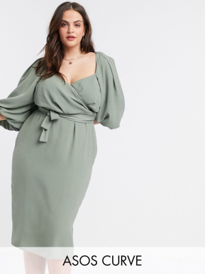 Asos Design Curve Wrap Front Midi Dress With Puff Sleeves In Khaki