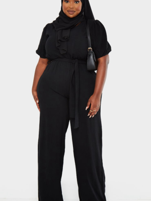 Plus Black Woven Puff Sleeve Tie Waist Jumpsuit