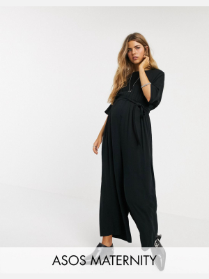 Asos Design Maternity Lounge Tie Waist Jumpsuit In Black