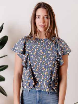 Flora Blue Spots Flutter Sleeve Top