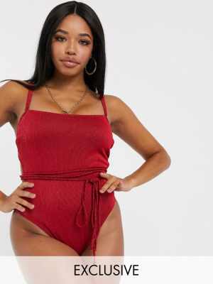 Wolf & Whistle Fuller Bust Exclusive High Leg Swimsuit With Waist Ties In Red Glitter Rib D-f