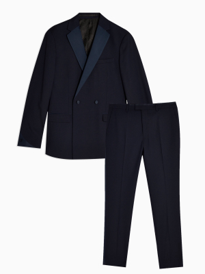 2 Piece Navy Skinny Fit Double Breasted Tuxedo Suit With Shawl Lapel