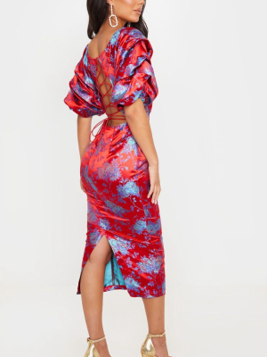 Red Floral Jacquard Lace Up Back Midi Dress