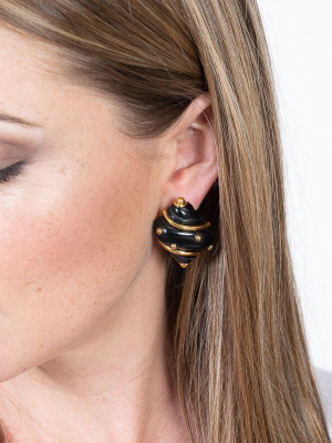 Black Shell With Gold Dots Clip Earrings