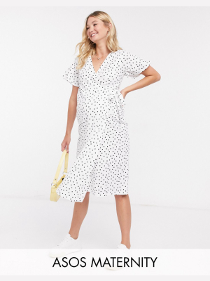 Asos Design Maternity Textured Midi Wrap Dress With Flutter Sleeve In Mono Spot