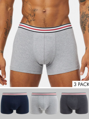 Asos Design 3 Pack Trunks In Blue & Gray Organic Cotton With Striped Waistband Save