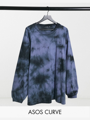 Asos Design Curve Oversized Tie-dye T-shirt With Long Sleeves In Blue