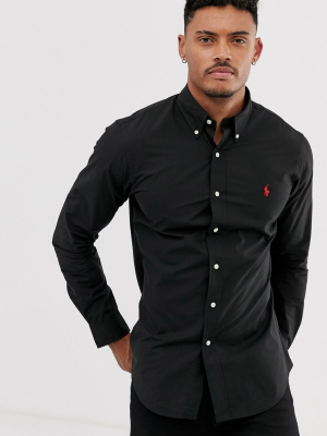 Polo Ralph Lauren Player Logo Slim Fit Poplin Shirt Button-down In Black