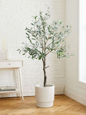 Faux Olive Tree & Large White Fluted Planter Set