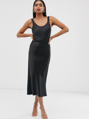 Asos Design Scoop Neck Midi Satin Slip Dress In Black