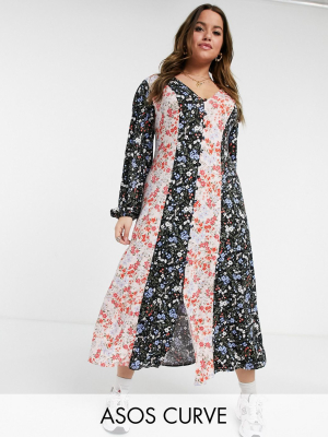 Asos Design Curve Maxi Tea Dress In Half-and-half Contrast Floral Print In Black And Cream