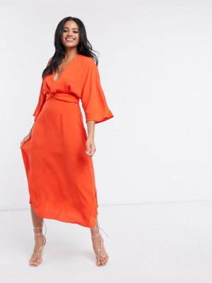 Asos Design Batwing Twist Front Midi Skater Dress In Orange