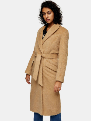 Topshop Belted Wool Coat In Camel