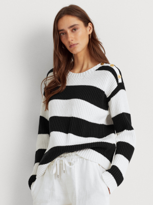 Striped Button-trim Cotton Sweater