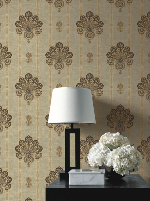 Striped Floral Damask Wallpaper In Warm Brown From The Caspia Collection By Wallquest