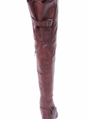 Renee13 Brown Pu Thigh High Riding Boot