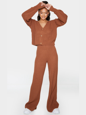 Rust Wide Leg Ribbed Knitted Pants