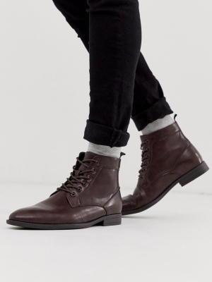 Asos Design Lace Up Boots In Brown Faux Leather