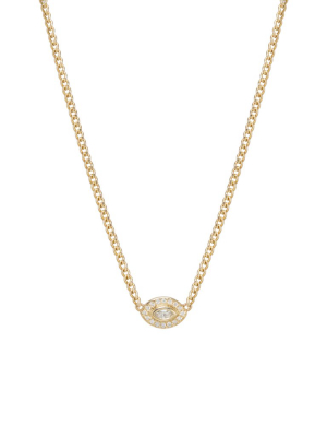 14k Extra Small Curb Chain Diamond Halo Necklace With A Marquise Diamond Eye