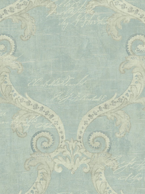 Framed Writing Wallpaper In Antique Blue From The Nouveau Collection By Wallquest