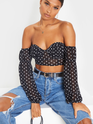 Black Polka Printed Mesh Sweetheart Bardot Crop...