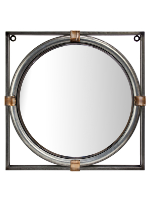 17" Round Metal Wall Accent Mirror In Square Frame Antiqued Silver - American Art Decor