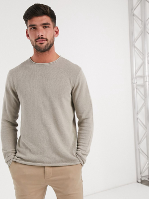 Jack & Jones Premium Rolled Hem Crew Neck Knitted Sweater In Sand