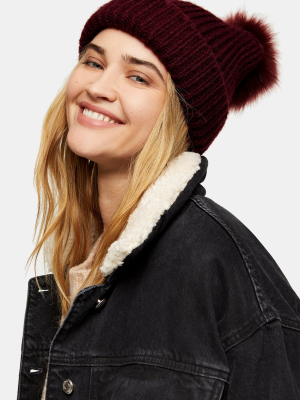 Burgundy Faux Fur Pom Beanie