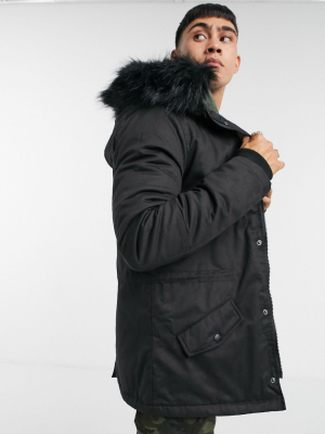 Sixth June Parka Jacket With Faux Fur Hood Trim In Black