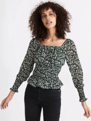 Georgette Square-neck Smock-waist Top In Forest Leaves