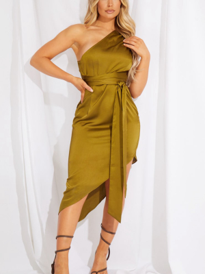 Olive Satin One Shoulder Tie Waist Asymmetric...