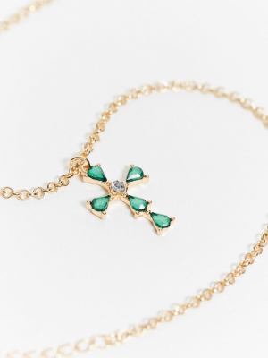 Asos Design Necklace With Emerald Crystal Cross Pendant In Gold Tone