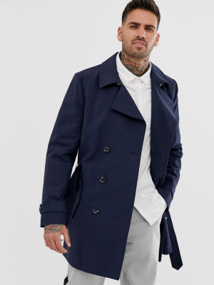 Asos Design Shower Resistant Double Breasted Trench In Navy