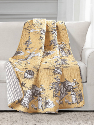 60"x50" Single French Country Toile Cotton Reversible Throw Yellow/gray - Lush Décor